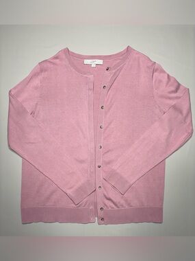 LOFT Light Pink Crewneck Button-Front Cardigan